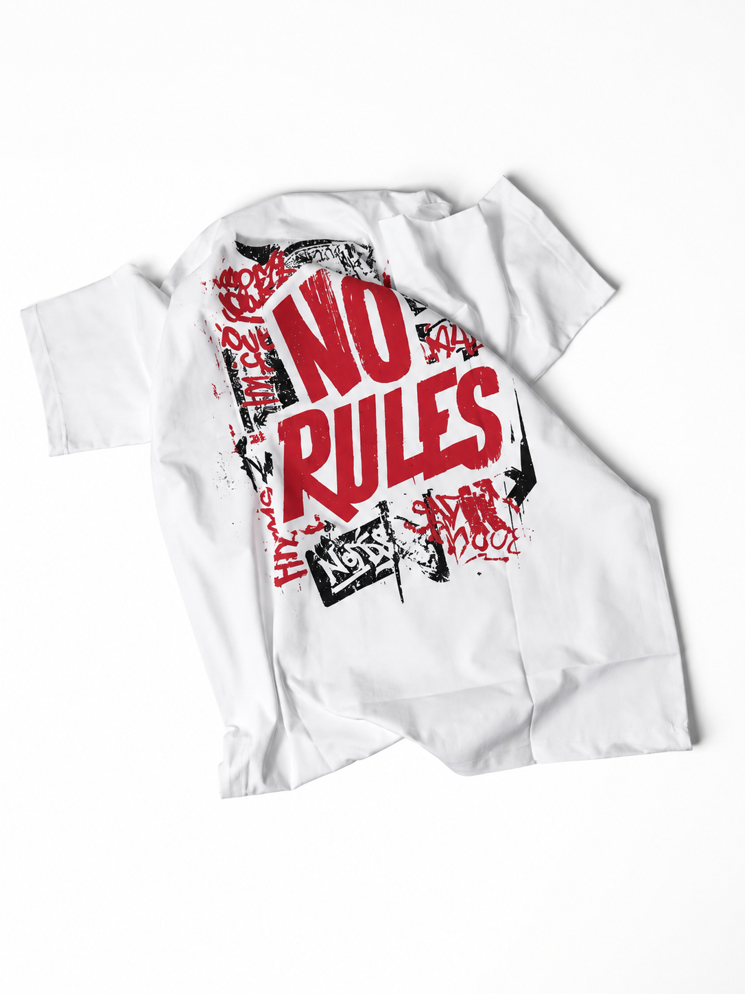 A white long-sleeve T-shirt with a bold red and black graphic print on the front, featuring the words 'NO RULES' in large red letters over a black and red graffiti-style background, shown on a plain white background.