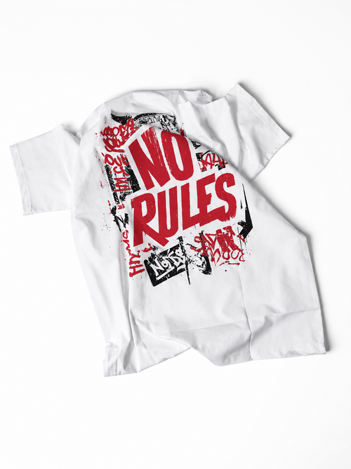 A white long-sleeve T-shirt with a bold red and black graphic print on the front, featuring the words 'NO RULES' in large red letters over a black and red graffiti-style background, shown on a plain white background.
