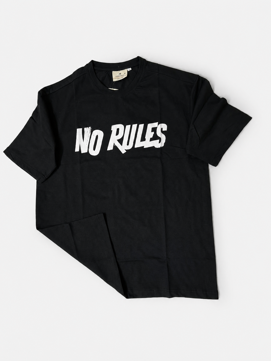 A black long-sleeve t-shirt with 'NO RULES' printed vertically in white on the front, laid flat on a light gray background.